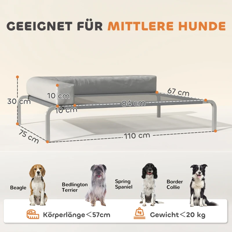 PawHut Hondenligstoel Outdoor, Verhoogd Hondenbed voor Middelgrote Honden, met L-vormige Kussen 110x75x30cm, Lichtgrijs