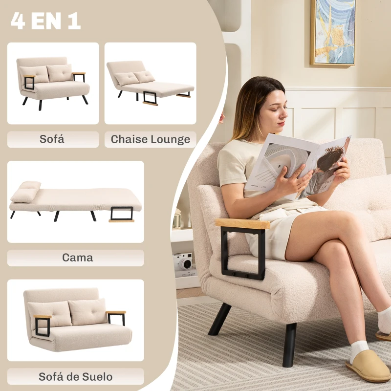 HOMCOM Sofá Cama Convertible 3 en 1 Sillón Cama 2 Plazas Plegable Respaldo Ajustable de 5 Niveles Almohadas 102x73x81cm Beige(m-4)