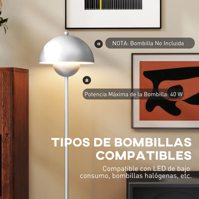 HOMCOM Lámpara de Pie para Salón Moderna con Pantalla de Cuenco Interruptor de Pie Casquillo E27 Sin Bombilla Ø30x155 cm Plata