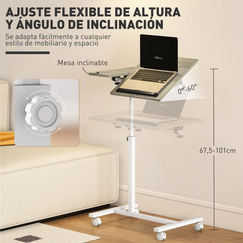 HOMCOM Mesa Auxiliar con Ruedas Altura Ajustable Superficie Inclinable y Marco de Metal 57x40x67,5-101 cm Roble y Blanco