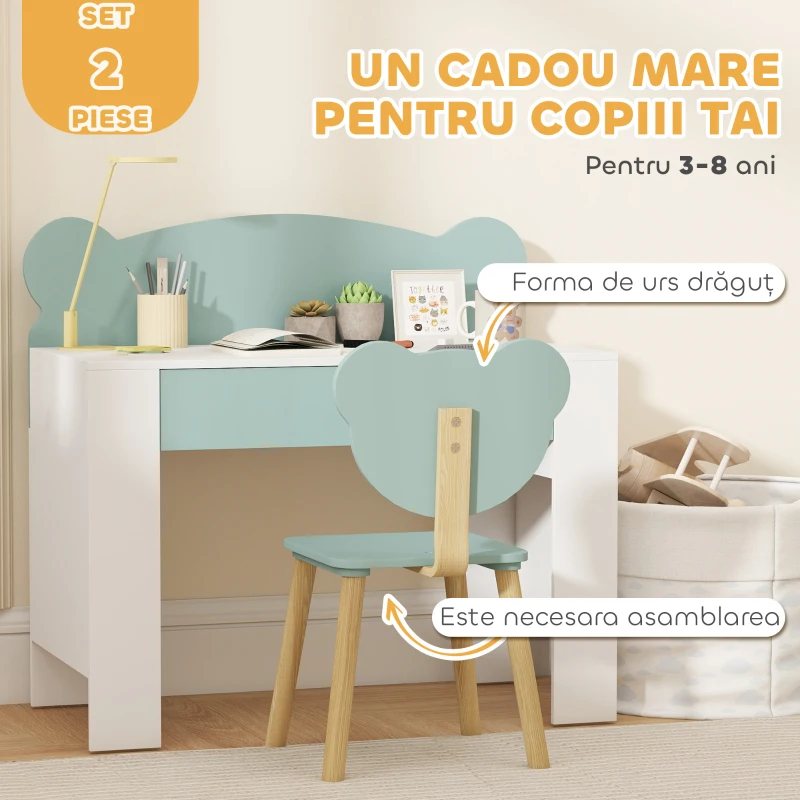 AIYAPLAY Set Birou cu Sertar și Scaun Ursuleț pentru Copii 3-8 Ani Verde