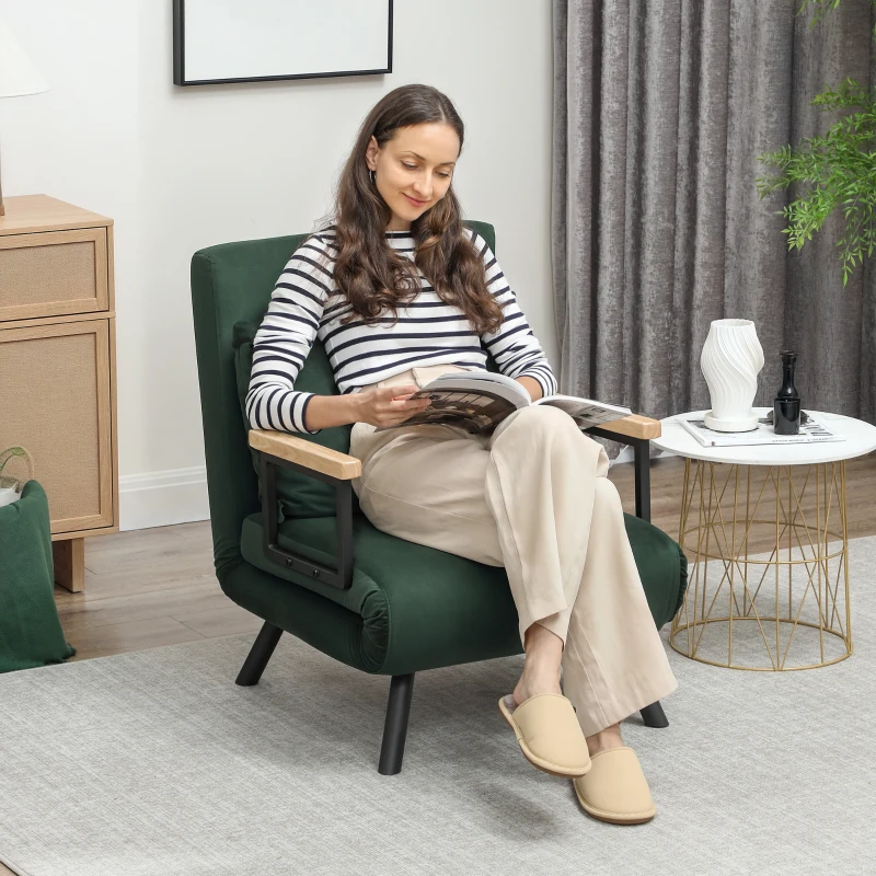 HOMCOM 4-in-1 Velvet-Feel Single Chair Bed, with Pillow - Green