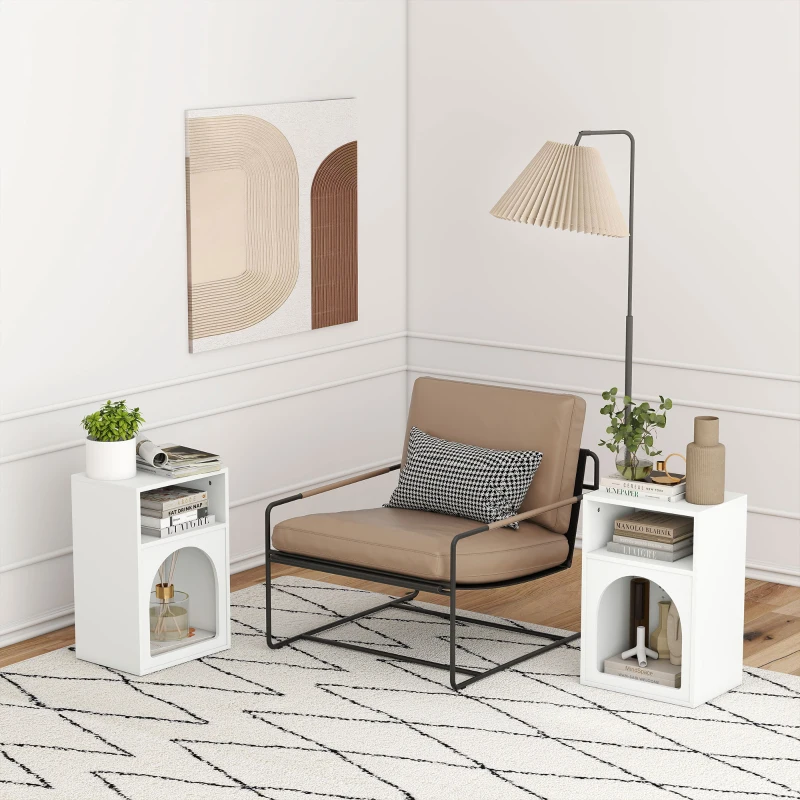 HOMCOM Lot de 2 tables de chevet, table de nuit avec compartiments ouverts, design arqué, 40 x 30 x 60 cm, blanc