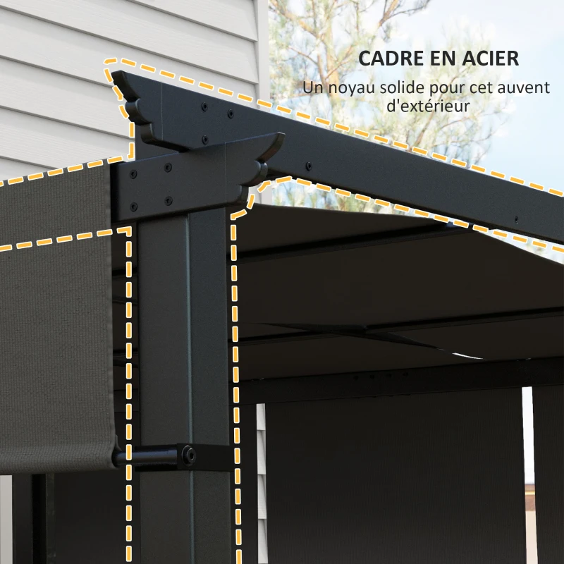 Outsunny Pergola avec 3 toiles coulissantes 3L x 3l m structure métal époxy anticorrosion toile polyester gris