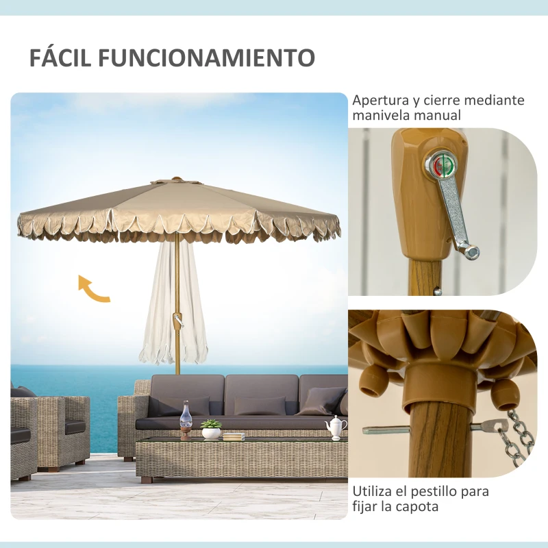 Outsunny Sombrilla de Jardín Ø264x240 cm con Ángulo Ajustable Manivela y Toldo con Volantes Decorativos para Patio Terraza Caqui