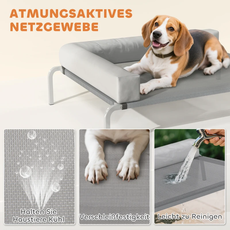 PawHut Hondenligstoel Outdoor, Verhoogd Hondenbed voor Middelgrote Honden, met L-vormige Kussen 110x75x30cm, Lichtgrijs