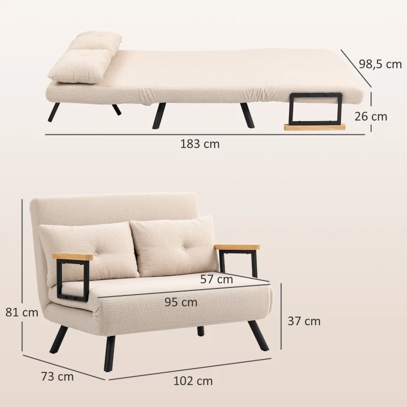 HOMCOM Sofá Cama Convertible 3 en 1 Sillón Cama 2 Plazas Plegable Respaldo Ajustable de 5 Niveles Almohadas 102x73x81cm Beige(m-3)