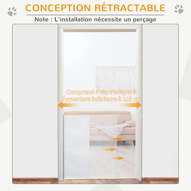 PawHut Barrière de sécurité chien barrière rétractable automatique barrière escaliers couloirs portes 115 x 82,5 m teslin acier blanc