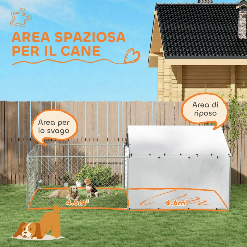 PawHut Recinto per Cani con Coperture e Ciotole Girevoli, in Acciaio e tessuto Oxford, 4x2.3x1.5 m, Argento
