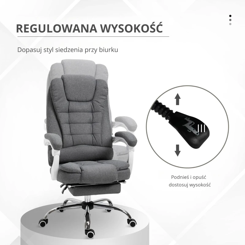 Vinsetto Fotel biurowy z wysuwanym podnóżkiem, krzesło prezesa, regulowane oparcie, styl lniany, szary