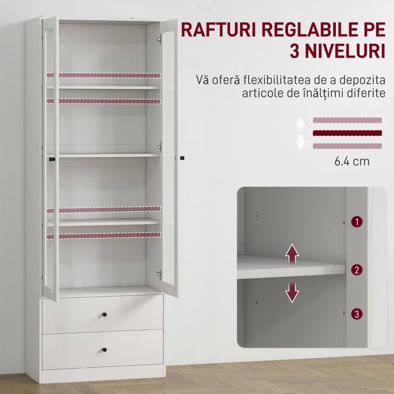 HOMCOM Dulap de Bucătărie cu Uși din Sticlă, 2 Sertare și Rafturi Reglabile Alb