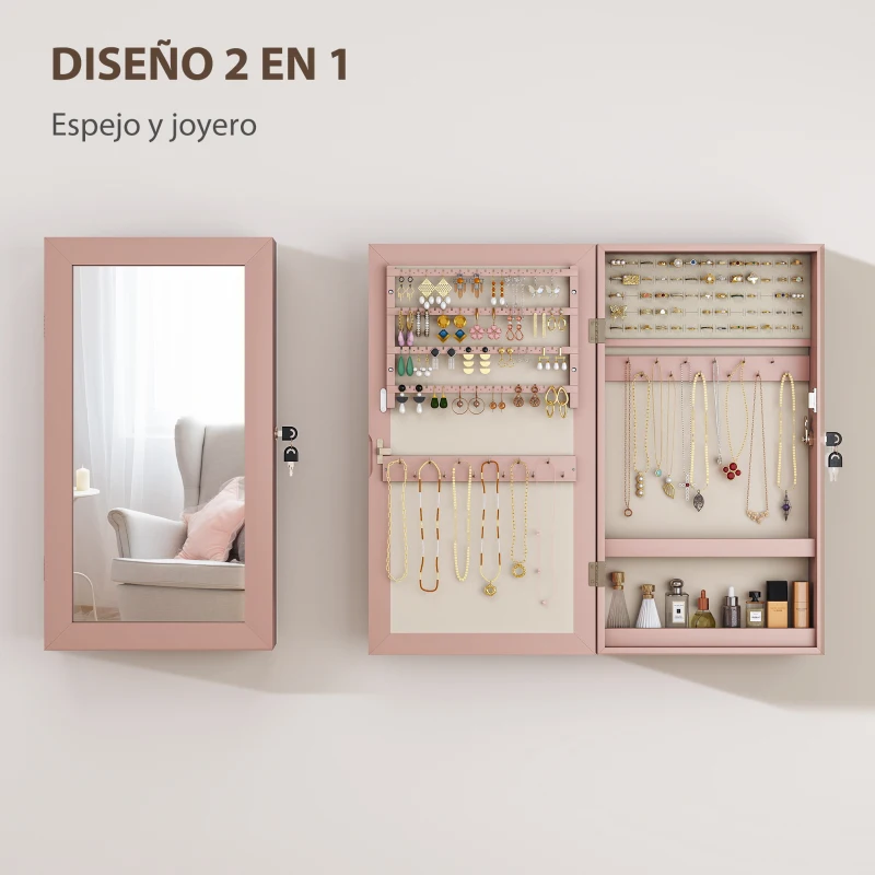 HOMCOM Espejo Joyero de Pared con Cerradura y Varios Compartimentos Montar en Pared o Puerta Rosa y Forro Beige