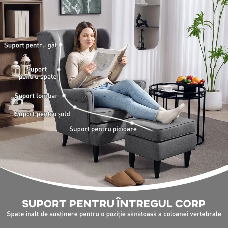 HOMCOM Fotoliu de Sufragerie din Material Textil cu Taburet, Spătar Înalt și Pernă, Gri
