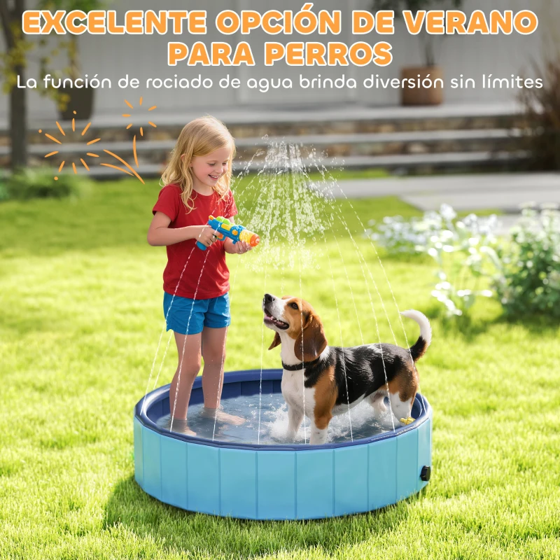 PawHut Piscina para Perros Medianos y Pequeños Plegable con Aspersor de PVC Antideslizante Resistente Ø100x30 cm Azul Claro