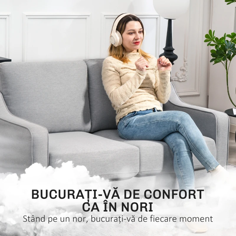 HOMCOM Canapea Modernă cu 2 Locuri din Țesătură cu Aspect de In, Gri Deschis