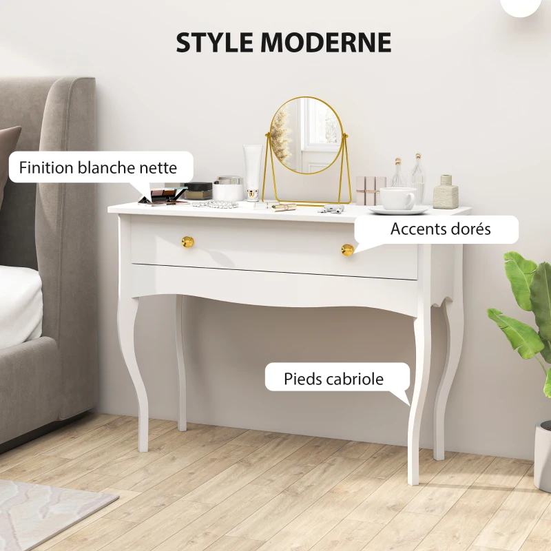 HOMCOM Coiffeuse avec grand tiroir et pieds cabriole, bureau coiffeuse pour chambre à coucher, 100 x 40 x 74 cm, blanc