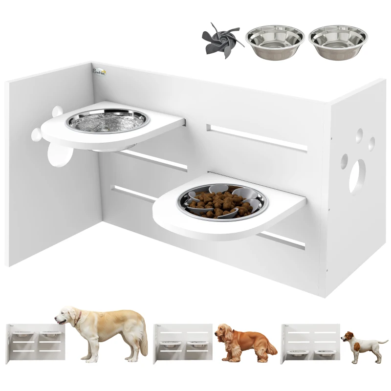 PawHut Comedero Elevado Doble para Perros con Altura Ajustable y Sistema de Alimentación Lenta 63x58,5x40 cm Blanco