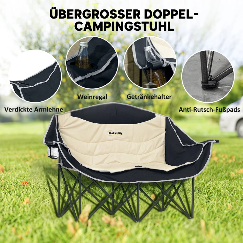 Outsunny Faltstuhl faltbar 2 Sitzer Campingstuhl mit Getränkehalter Tragetasche bis 250kg belastbar Khaki
