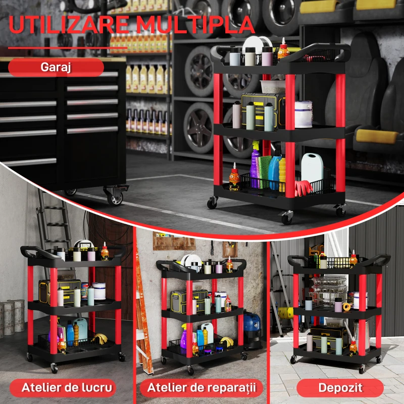 HOMCOM Cărucior pentru Scule cu 3 Niveluri din Plastic cu Mânere și Roți, Negru și Roșu