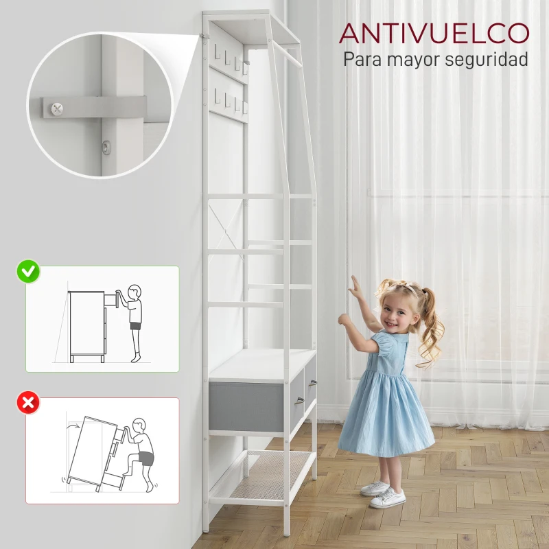HOMCOM Perchero Zapatero con Zapatero Ganchos Cajones Barra y Eatante para Entrada Pasillo Salón 80x30x180,5 cm Blanco