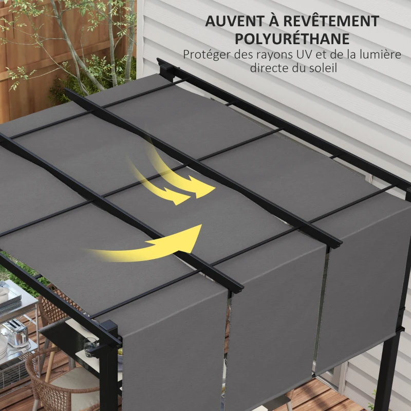 Outsunny Pergola avec 3 toiles coulissantes 3L x 3l m structure métal époxy anticorrosion toile polyester gris