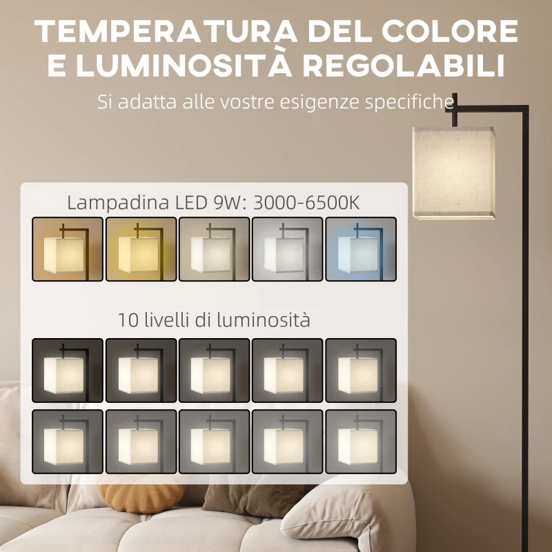 HOMCOM Lampada da Terra con 10 Luminosità e Temperatura del Colore Regolabile, Telecomando e Lampadina 9W, Nero