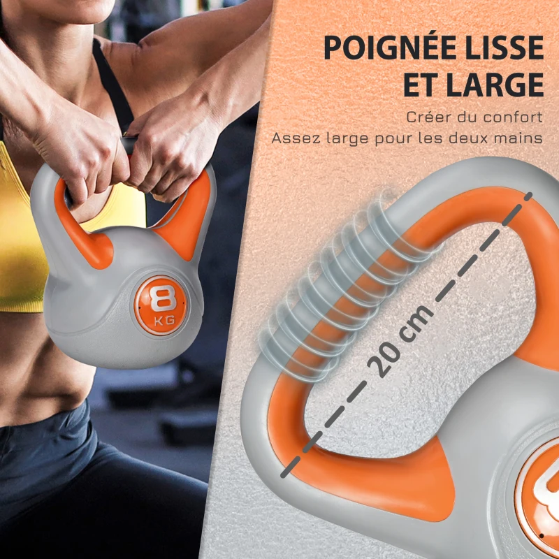 SPORTNOW Kettlebell 8 kg, haltère avec poignée ergonomique, haltère à boule, musculation, entraînement, 20 x 14 x 24 cm, orange