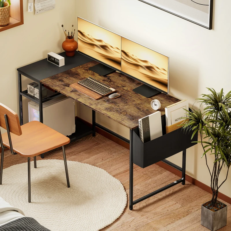 HOMCOM Bureau d'ordinateur 150 x 60 cm avec étagères de rangement réversibles et sac en tissu, pour petits espaces, marron