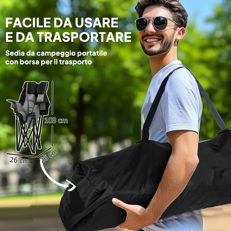 Outsunny Sedia da Campeggio Pieghevole con 2 Portabicchieri e Tasche Laterali, 99x71x103 cm, Grigio e Nero