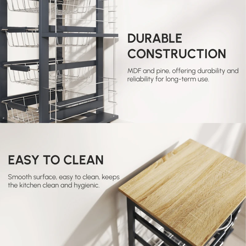 HOMCOM Rolling Kitchen Cart, Utility Storage Cart with 4 Basket Drawers & Side Racks, Wheels for Dining Room, Grey