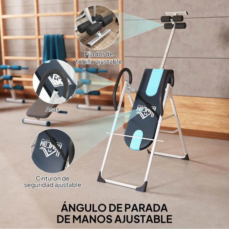 HOMCOM Tabla de Inversión Gravitacional Plegable con Altura Ajustable a 147-198cm y Cinturón 112-142x65x126 cm Negro y Azul