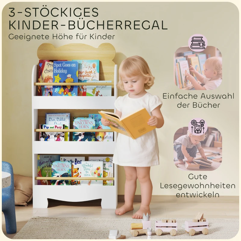 AIYAPLAY Kinderboekenrek in Beer Design met 3 Planken, Houten Opbergrek 55x15x110cm Wit(m-4)