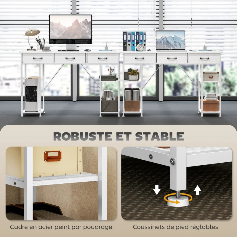 HOMCOM Bureau avec rangement avec prises de courant, 3 tiroirs en tissu et 4 étagères de rangement, 120 x 40 x 76 cm, blanc
