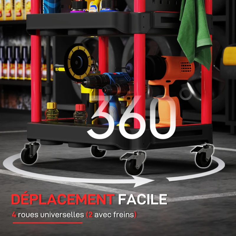 HOMCOM Chariot d'atelier servante atelier à 3 niveaux pour garage, entrepôt, outils de bricolage, charge 91 Kg, noir et rouge