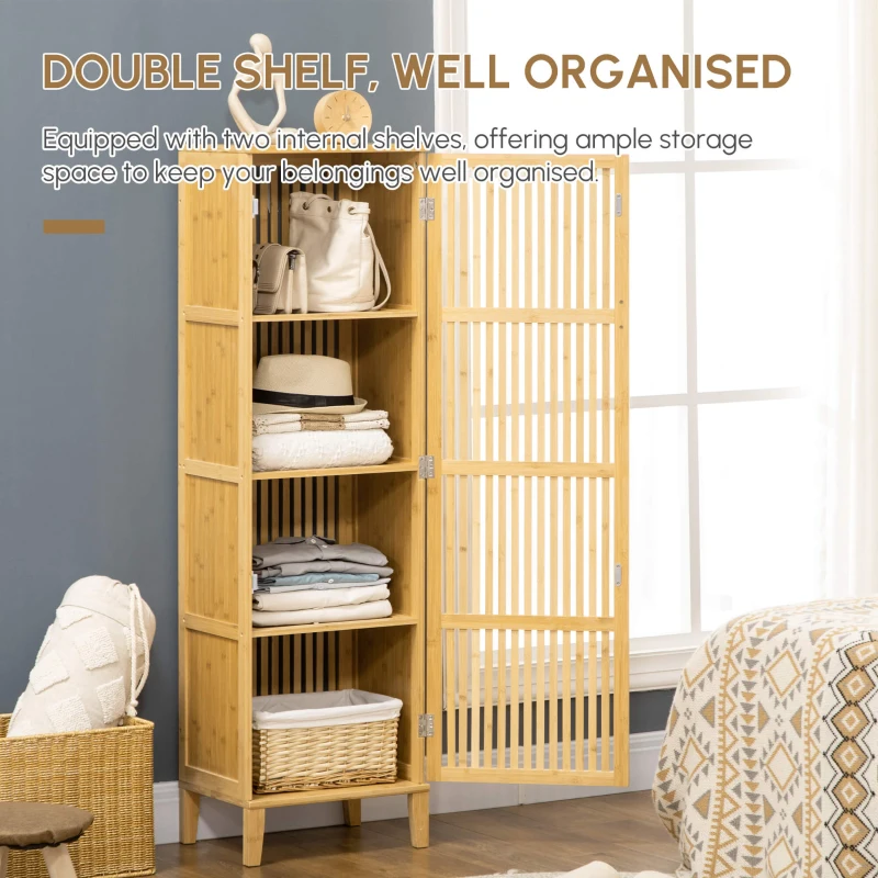 HOMCOM Bamboo Storage Cabinet with Shelves and Slatted Door Design for Bathroom Bedroom Living Room 40 x 30 x 140 cm