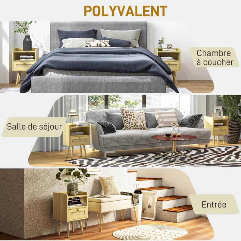 HOMCOM Lot de 2 tables de chevet avec tiroir effet rotin et compartiment ouvert, 40 x 30 x 60 cm, effet bois naturel