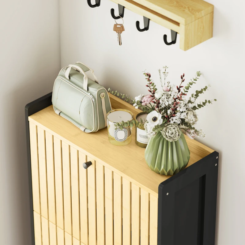HOMCOM Meuble à chaussures 18 paires avec 3 tiroirs rabattables, portes en bambou à lattes, 60x24x118cm, noir et bois naturel