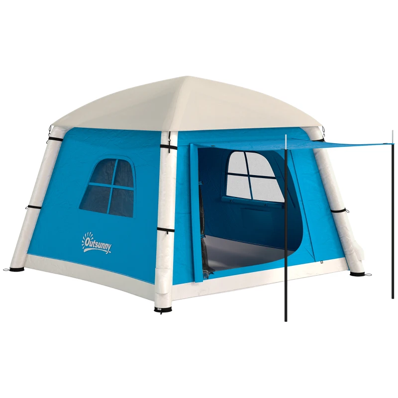 Outsunny Inflatable Camping Tent w/ Hand Pump, Easy Setup 1/2 Person Blow Up Tent Waterproof 190T Taffeta w/ Mesh Windows, Doors and Carry Bag, Light Blue