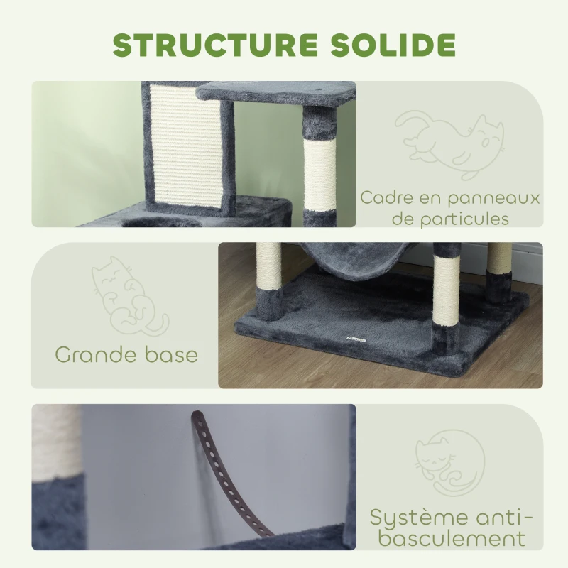 PawHut Arbre à chat 206 cm tour de jeux pour chat en peluche plusieurs niveaux idéal pour 1-3 chats 60 x 50 x 206 cm gris foncé