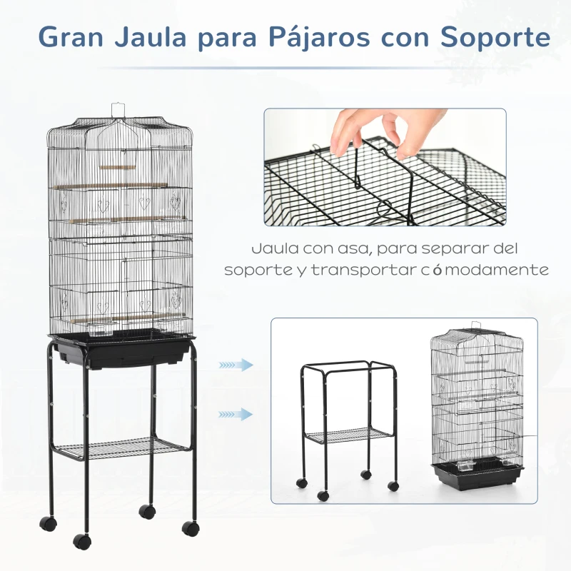 PawHut Jaula para Pájaros con Soporte Jaula Metálica con Ruedas Bandeja Extraíble y Estante 46,5x36x157 cm Negro