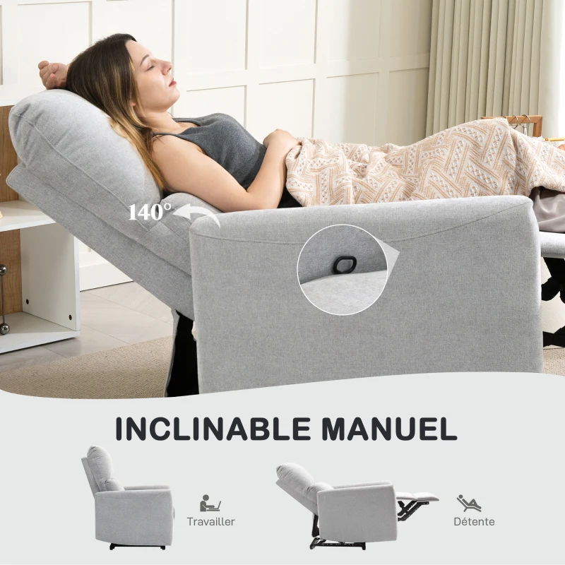 HOMCOM Fauteuil inclinable fauteuil relax manuel dossier et repose-pieds réglables, assise rembourré, tissu en lin, gris