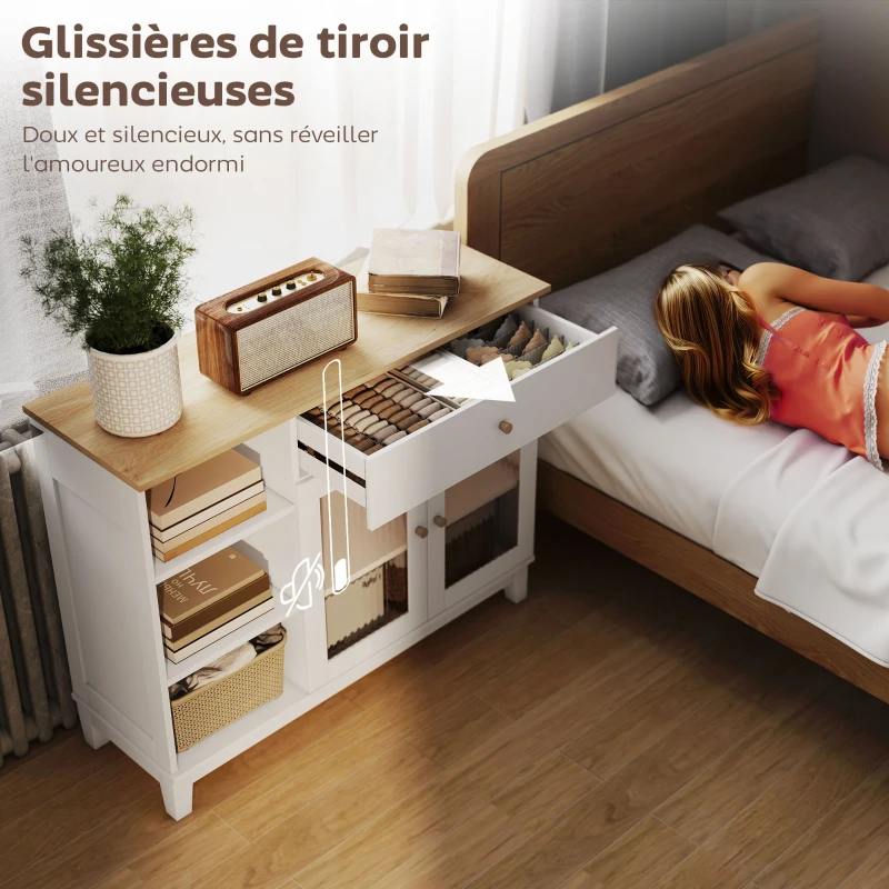 HOMCOM Buffet salon avec placard à portes en verre trempé nervuré, tiroir, 3 compartiments ouverts et étagères réglables, blanc