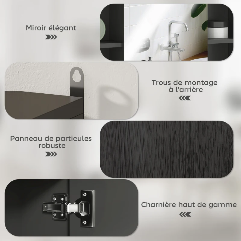 HOMCOM Meuble salle de bain avec miroir, placard à portes et 6 compartiments ouverts, 60 x 14,5 x 49,4 cm, noir