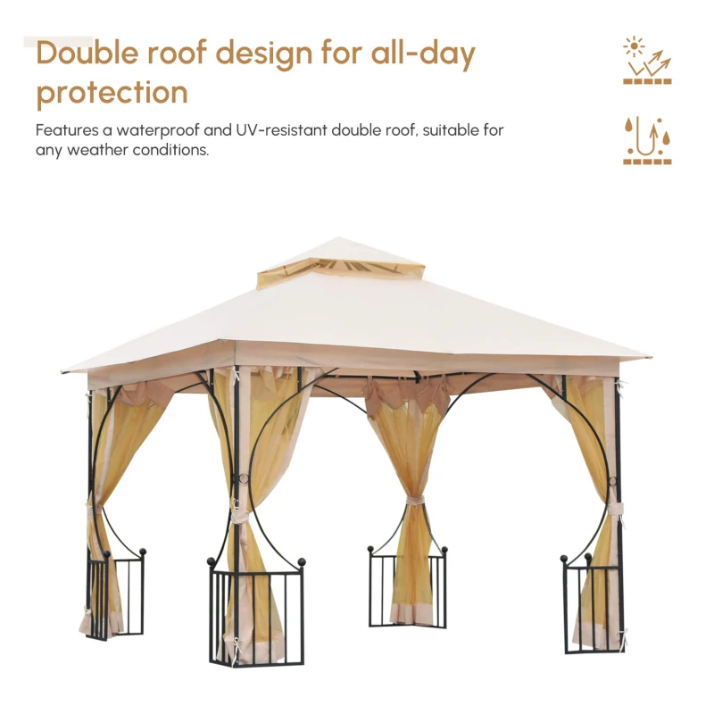 Outsunny 3 x 3 Meters Gazebo Outdoor Patio Party Tent Shelter Garden Canopy Double Tier Sun Shade Steel Frame Beige