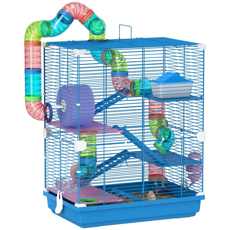 PawHut Cage pour hamster rongeur 4 étages avec tunnels mangeoire roue maison échelles 46 x 30 x 58 cm bleu(m-10)