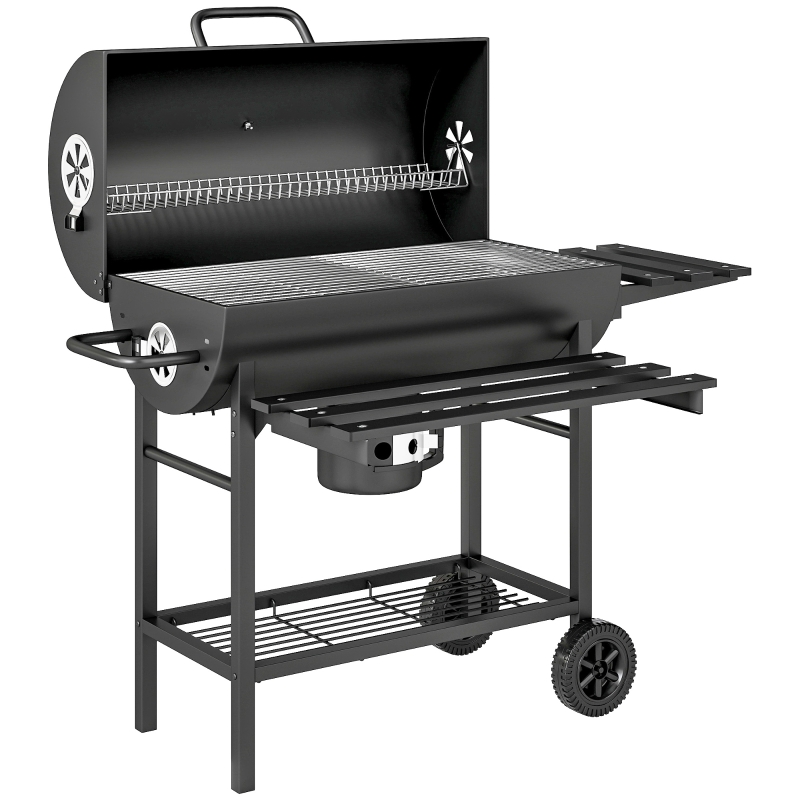 Outsunny Barbecue charbon de bois avec tablette avant pliable, avec grille de cuisson, 2 roues, 114 x 65 x 95 cm, noir