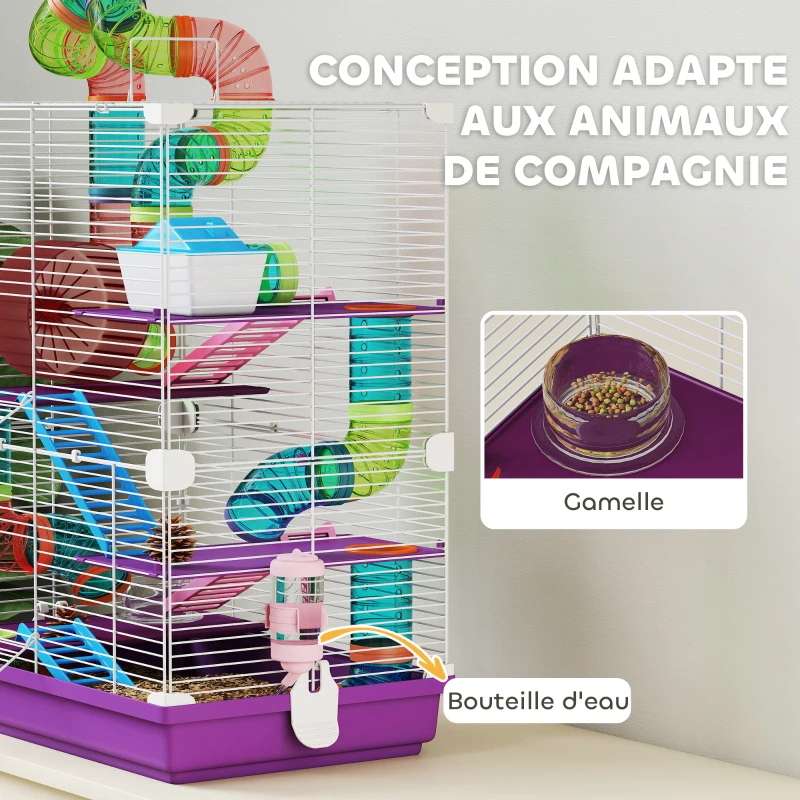 PawHut Cage pour hamster rongeur 4 étages avec tunnels mangeoire roue maison échelles 46 x 30 x 58 cm violet(m-5)