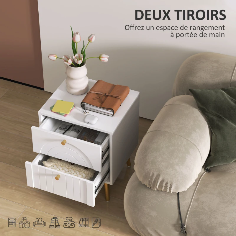 HOMCOM Lot de 2 tables de chevet avec 2 tiroirs et pieds en acier pour chambre à coucher, salon - 40 x 35 x 50 cm, blanc