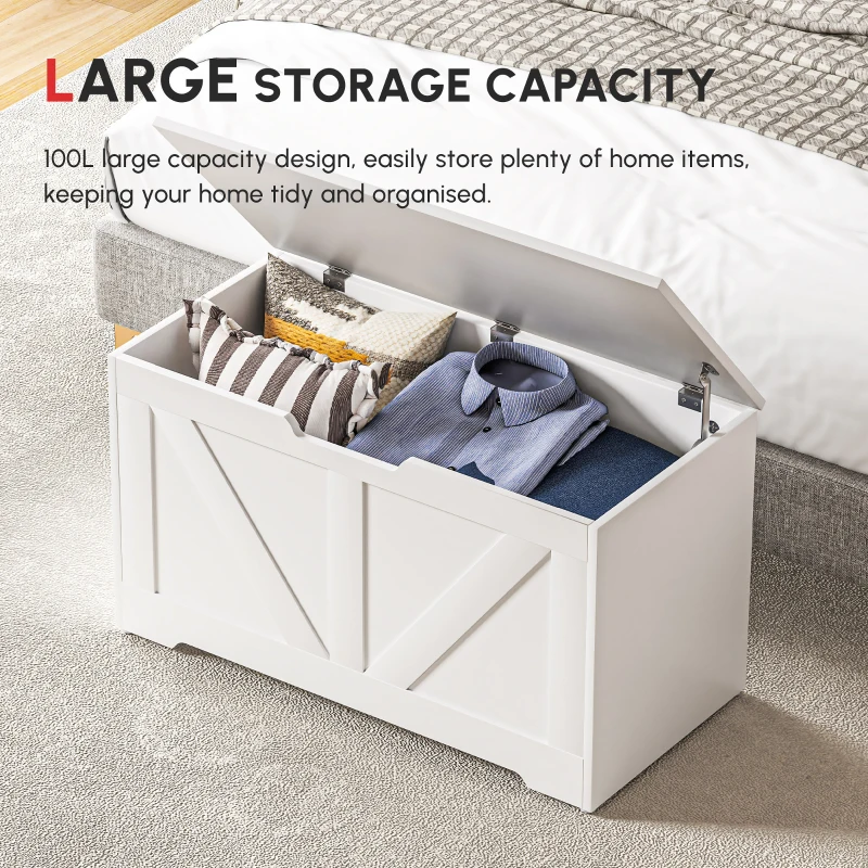 HOMCOM 100L Home Storage Box, with Safety Hinges - White Wood-Effect