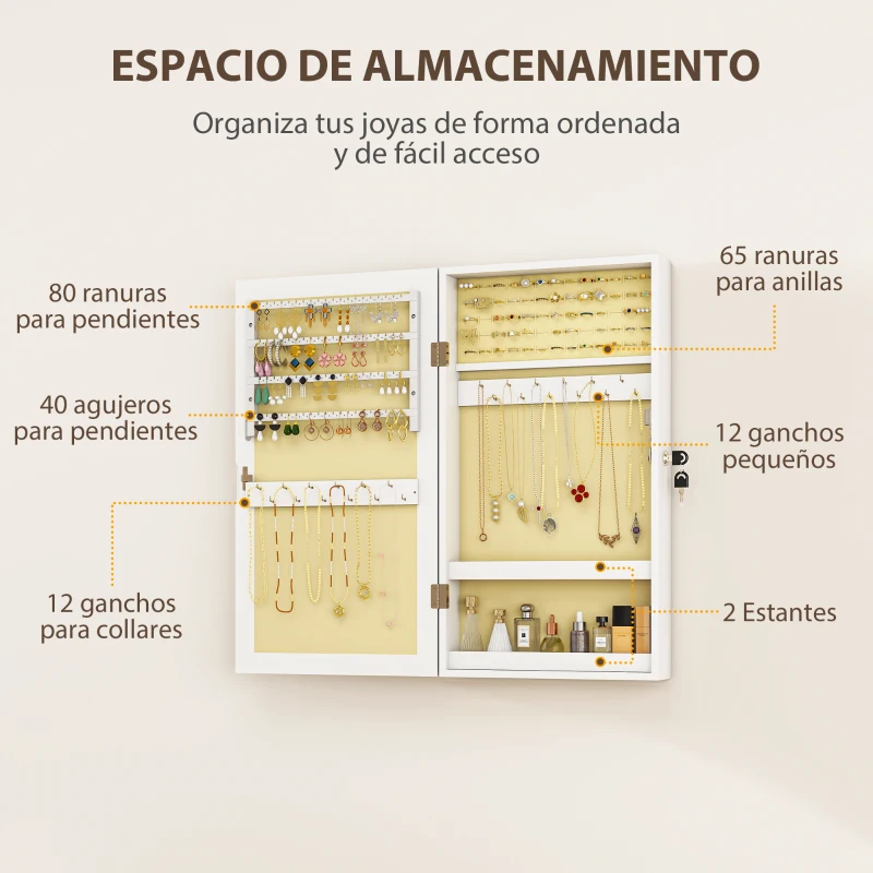 HOMCOM Espejo Joyero de Pared con Cerradura y Varios Compartimentos Montar en Pared o Puerta Blanco y Forro Crema